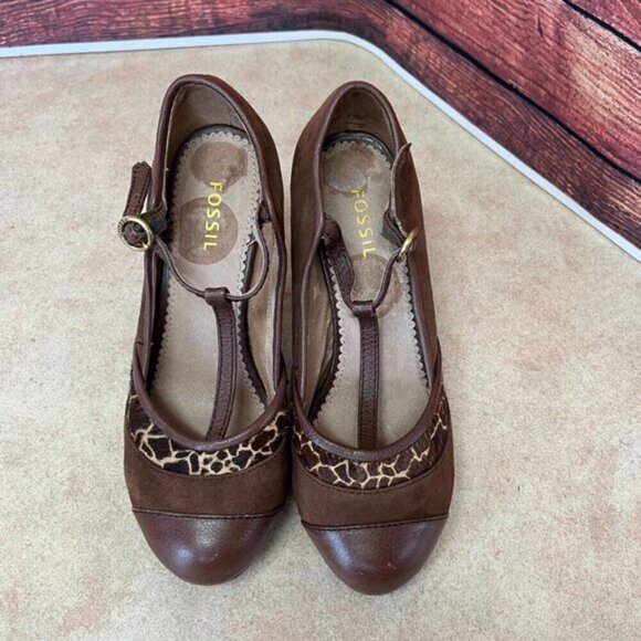 Fossil Giraffe Print Suede Faux Fur T-Strap Heels - Picture 3 of 16